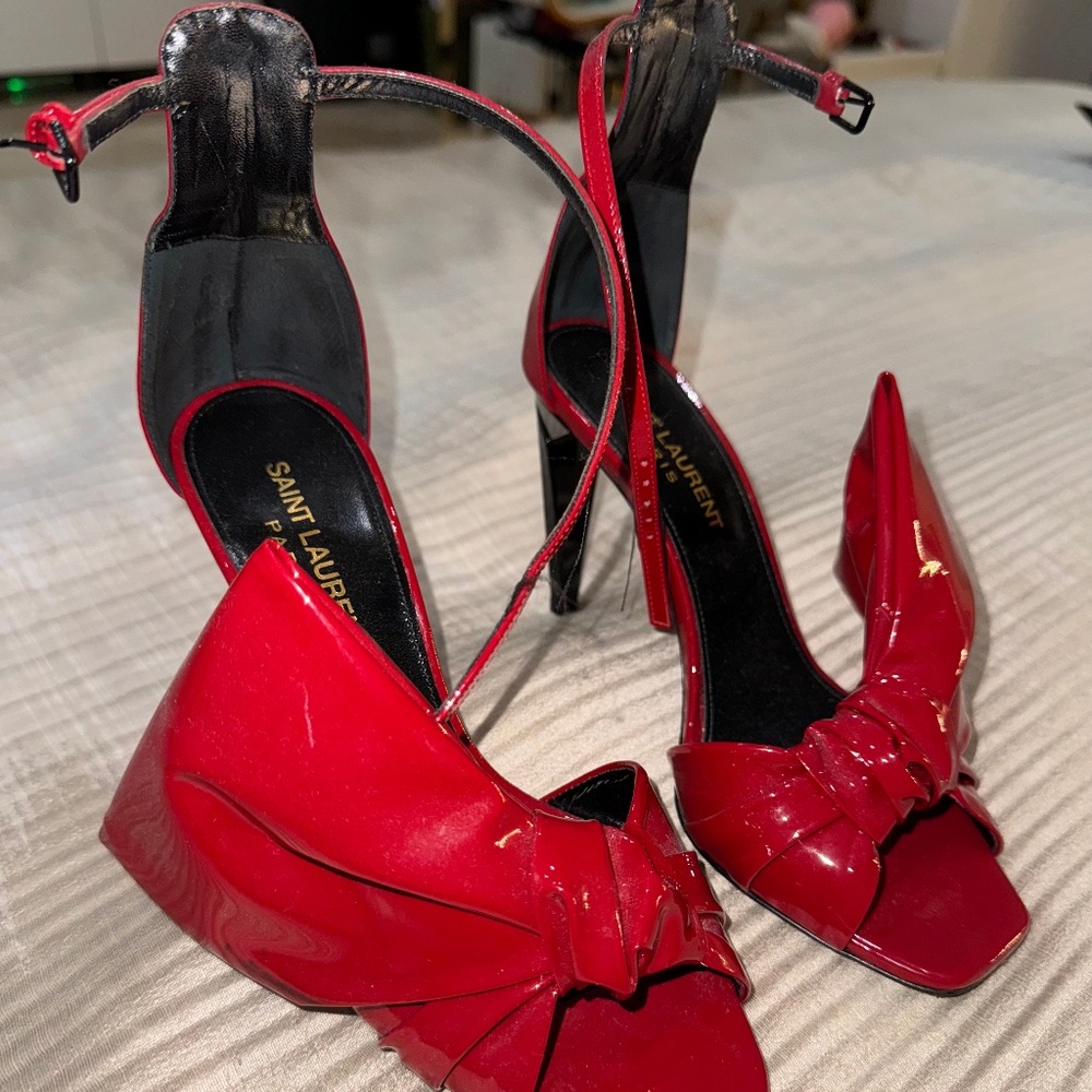 Saint Laurent Freja Patent Sandal with Large Bow (Red)